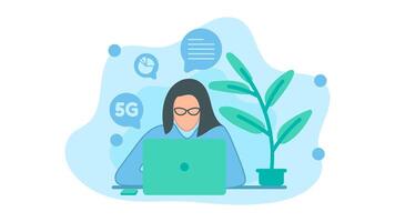 Career woman is working seriously in front of a laptop and there is a smartphone. Working on office task targets. illustration in flat design style vector