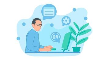 Customer service person wearing glasses serves in front of the screen. good service 24 hours. illustration in flat style vector