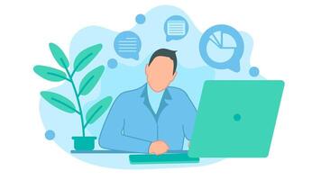Office man working in front of the monitor screen and looking forward. illustration in flat design style vector