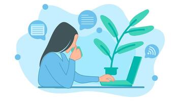 The woman is working on a task in front of a laptop with a strong network, and is also drinking coffee. illustration in flat design style vector