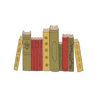Collection of decorative books arranged on shelf with unique designs and vibrant colors. Literature for academic studies, home library. Doodle style book spines. Hand drawn illustration. vector