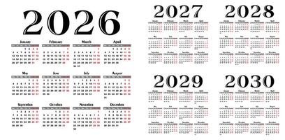 A set calendar templates for a year 2026 - 2030. vector