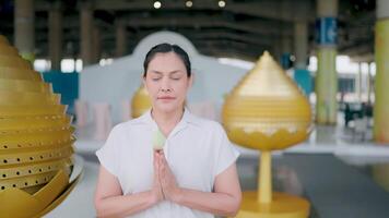 Tranquility in the Temple. A woman finds peace and serenity in a serene temple setting, her hands clasped in prayer, embodying a sense of inner calmness and spiritual connection. video