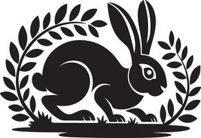 Perfect rabbit silhouette framed with leaves for logo designs, crafts, and artistic projects. vector