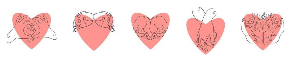 Minimalistic line art of hands forming heart shapes with a red heart background, symbolizing love, care, family, and togetherness in a modern design vector