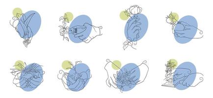 Modern line art of gardening hands holding plants, tools, and flowers with abstract green and blue circles, symbolizing nature, growth, and care vector