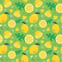 Lemon slices seamless pattern on green background fruit citrus elements. Summer style. Flat design for print. vector