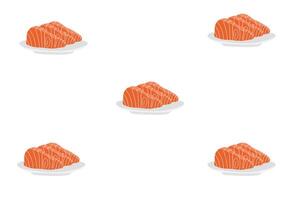 Slices of Salmon fish with plate isolated on white background. Pattern design in cartoon flat style. Seafood icon. Japanese delicacy Fresh raw fish Sashimi vector