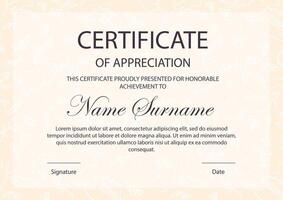 Certificate of appreciation template. Corporate diploma with flourish design vector