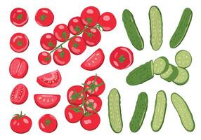 Cherry Tomatoes and Cucumbers Set Isolated on White Background vector