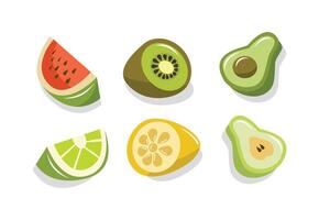 Set of slice fruit. Half fruit. Watermelon. Kiwi. Avocado. Citrus. Lemon. Pear. vector