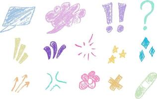 Various hand drawn crayon shape elements. Pencil sketch design of scribble lines, spirals and grunge arrows. Crayon pencil style isolated on white vector