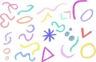 Various hand drawn grunge shapes including curved lines and dots. Geometric in memphis style. Colorful crayon strokes in geometric pattern isolated on white vector