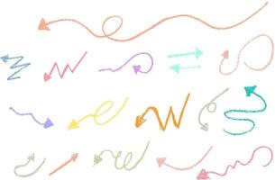 Set of hand drawn arrows with pastel colorful crayons. Collection of grunge thin arrows in different directions isolated on white vector