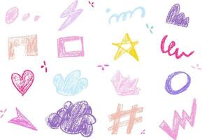 Hand drawn weird abstract geometric shapes. Various organic shapes and scribbled objects and pastel colored graphic elements vector
