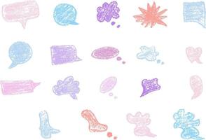 Pastel colorful grunge crayons of hand drawn speech bubbles. Communication symbols, dialogue and speech signs vector