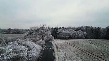 Aerial backwards view of road and frozen trees in Czechia in December 2024 video