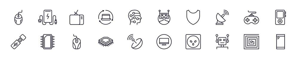 Electronics linear symbols pack. Outline symbol and editable stroke for apps, stores, shops, infographics vector