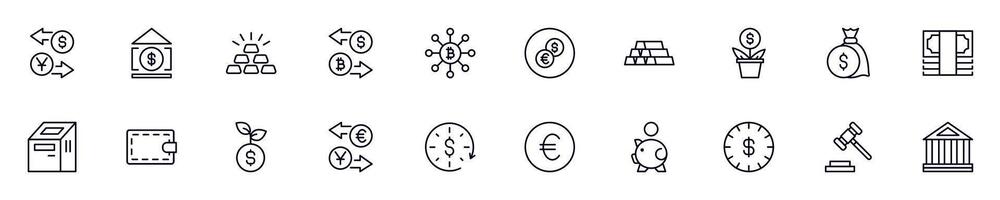 Money, finance, economy thin line icons set. Simple linear illustrations that suitable for apps, infographics, books, online shops and stores vector