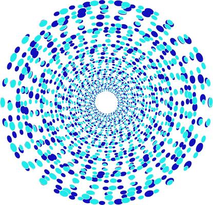 Round pattern in the form of blue dots and circles arranged in a circle on a white background