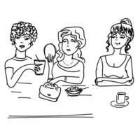 Sketch drawn in pencil in the form of three women sitting at a table drinking coffee vector