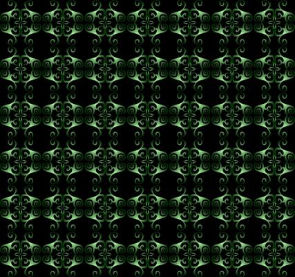 Abstract seamless pattern with green flowers and leaves on a black background