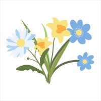 Naive Simple Design of Hepatica, Daisy and Narcissus Flowers. Spring Bouquet of Three Flowers in Flat Style. Naive Botanical Element Perfect for Banners, Posters, Flyers, Cards, Social Media, Web. vector