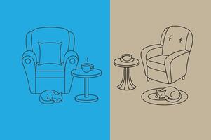 Two different illustrations of chairs and a cat vector