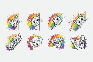 Rainbow color and corner side , dog and cat stickers set which are peeping vector