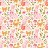 Happy Easter. Seamless pattern with cute bunnies, spring flowers on a light background vector