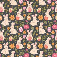 Happy Easter seamless pattern with bunnies, Easter eggs, spring flowers. Retro background for printing on paper, fabric vector
