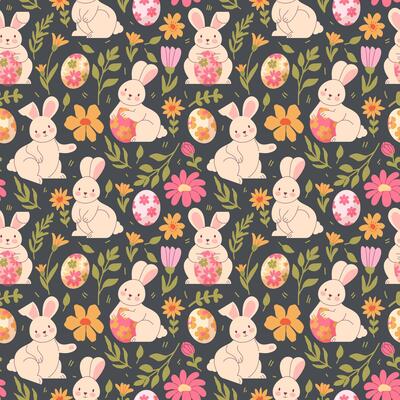 Happy Easter seamless pattern with bunnies, Easter eggs, spring flowers. Retro background for printing on paper, fabric