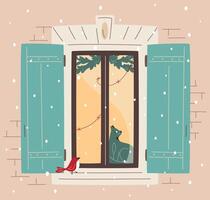 Christmas window with open shutters decorated with lights and fir branches. Cat sitting at windowsill and looking at bird outside. Snowfall, warm Christmas atmosphere. Cozy winter illustration vector