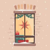 Christmas window decorated with xmas star, lights and fir branches, with pile of gift boxes on windowsill. Snowfall, warm Christmas or New Year atmosphere. Cozy winter evening. vector