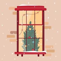 Christmas window with lights and decorated x-mas tree. Snowfall, warm Christmas or New Year atmosphere. Cozy winter evening vector