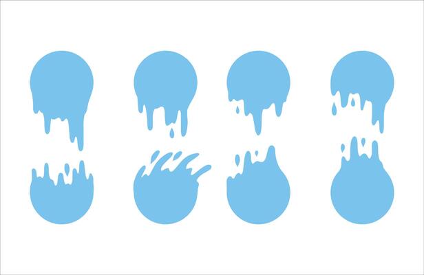 Splatter of water blob. Blue flow leak. Flowing splash of fluid and drip. Melt circle drop. Liquid shape of paint or stain. Simple sticker border