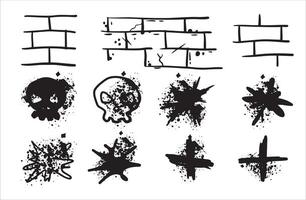 Graffiti spray print. Set of urban black splatter. Ink paint spot. Abstract texture grungy element. Brush stain drop art vector