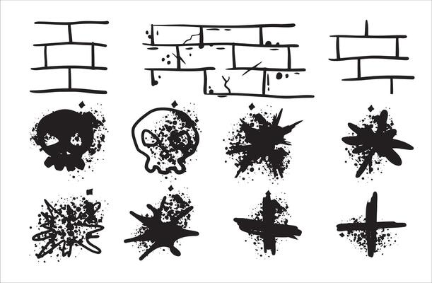 Graffiti spray print. Set of urban black splatter. Ink paint spot. Abstract texture grungy element. Brush stain drop art