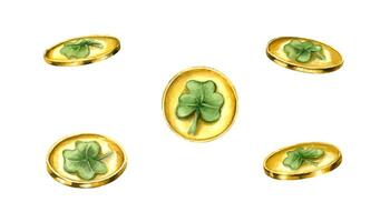 Patrick day golden coins with green clover leaf watercolor hand painted illustration. Traditional attribute with shamrock from different angles. Elements for poster decor, invitation design vector