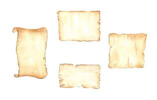 Watercolor old worn yellowed paper with torn edges and unrolled scroll illustration clip art. Templates with empty space for vintage letters or simple text. For greeting card, flyer and invitation vector