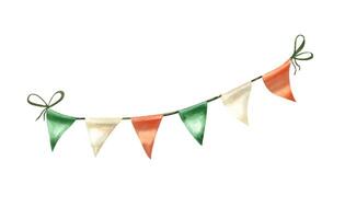 Waving green, orange, white triangular flags on string in the national Irish colors watercolor illustration. Festive classical flag in pennant shape for holiday, party decor, greeting card design vector