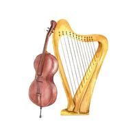 Watercolor classical string musical instruments isolated illustration . Wooden bowed contrabass and harp. Composition for jazz festival design. carnival cards, design St Patrick day element. vector