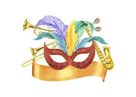 Carnival mask with colorful feathers, musical wind instruments and golden banner for text. Saxophone, trombone, trumpet and Fat Tuesday attribute composition. For invitation cards, flyer design vector