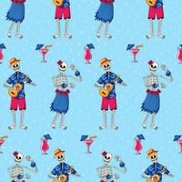 Seamless pattern featuring skeletons dancing in hawaiian outfits vector