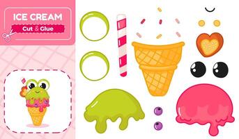 Printable Cut and Glue Game for Kids to Assemble Frog Shaped Ice Cream vector