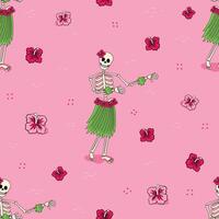 Seamless pattern featuring skeletons dancing in Hawaiian outfits on pink vector