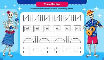 Trace the Line Handwriting Practice Worksheet with Skeleton Dancer Character for Preschool Kids vector