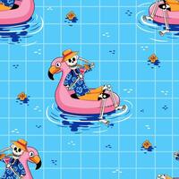 Seamless Pattern of Skeletons in Hawaiian Shirts Drinking Cocktails on Flamingo Floaties vector