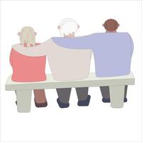 Abstract people sitting on a bench. Elderly people hugging each other, sitting with their backs. The concept of friendship and unity, outdoor recreation. vector