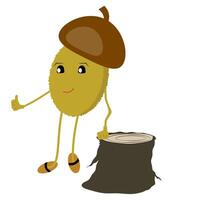Cute acorn in groovy style standing near the stump. Autumn character on isolated background. vector